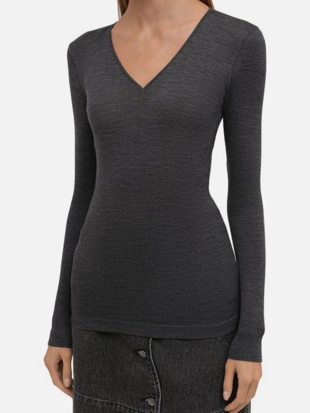 Brunello Cucinelli Women's Gray Embellished Trim Long-Sleeve Wool Top Size 38